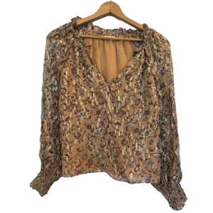 Ramey Brook Floral Long Sleeve Gold Metallic Clip Blouse Tan Mauve